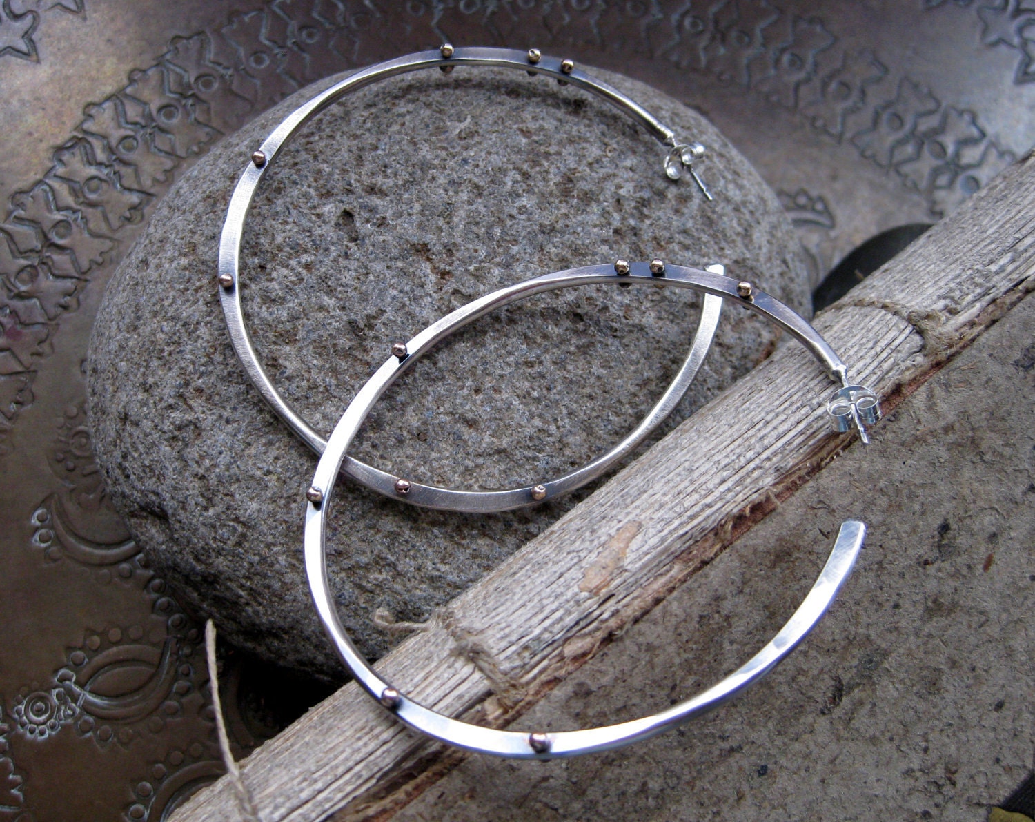 Large Sterling Silver and Bronze Earrings