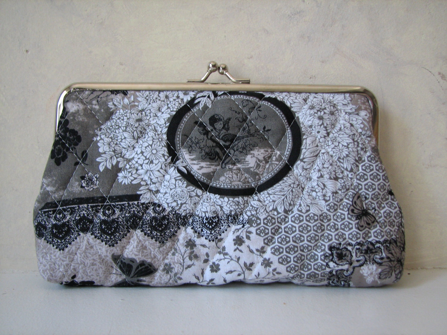 Quilted Grey Toile Clutch / Coin Purse