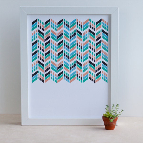 Chevron ZigZag Print, Blue Sea Green, Peachy pink, 8x10 "Chevrons on Parade"