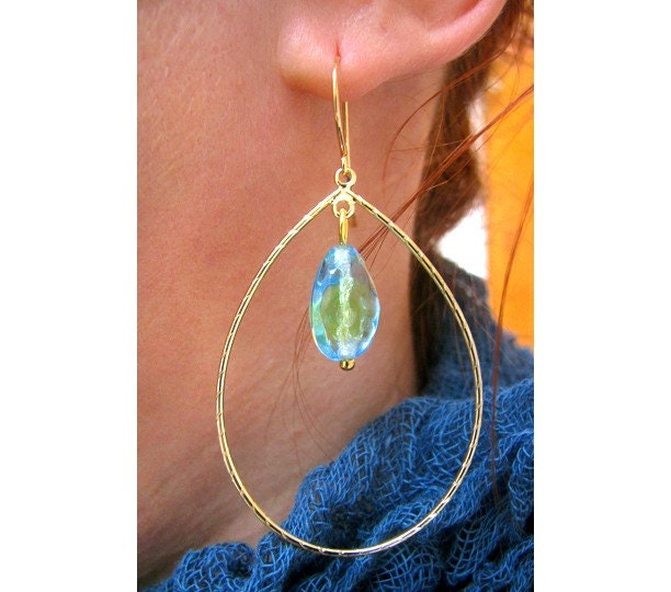 Gorgeous Teardrop Earrings in Gold with Aquamarine and Lime Vintage Wavy Glass Accent Bead