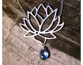 Gorgeous Tibetan Lotus Blossom Necklace in Silver with Faceted Mystic Blue Quartz Pear Briolette
