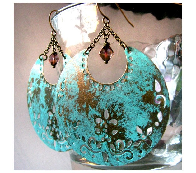 Gorgeous Verdigris Patina Crescent Moon Filigree Flowered Earrings in Antique Bronze