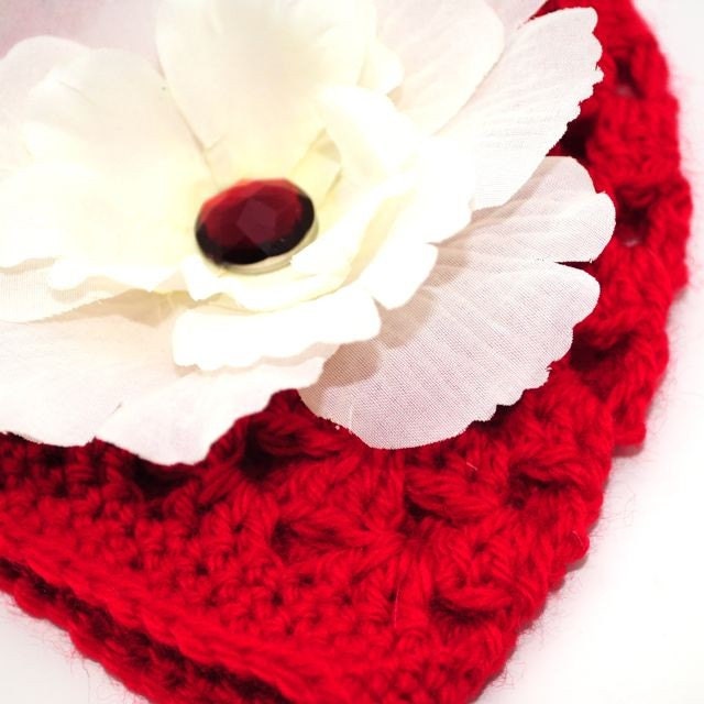 6-12 Month Vibrant Red Crochet Hat with White and Red Flower Hair Clip