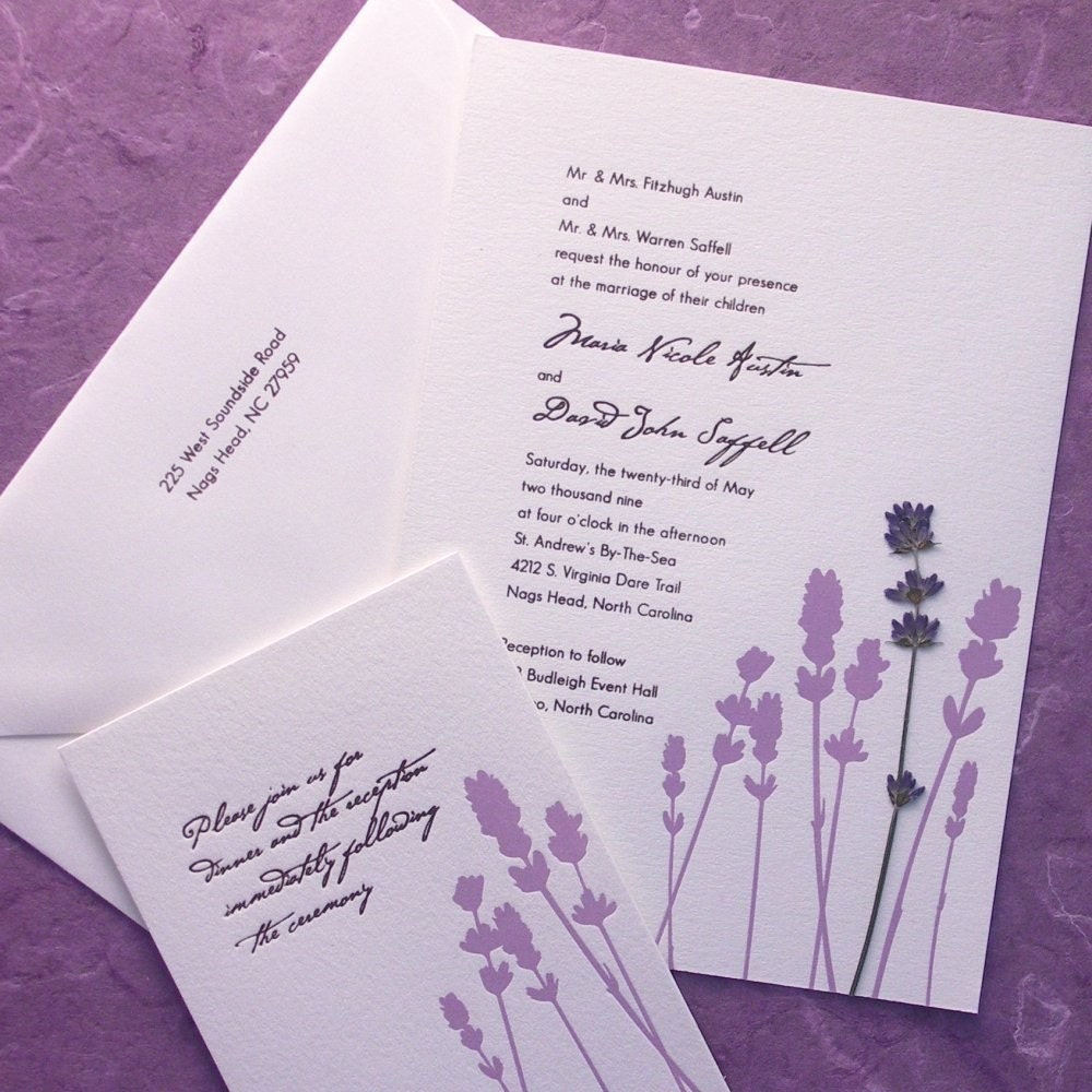 Lavender Field - pressed flower Letterpress Wedding Invitation - lavender/cocoa on pearl