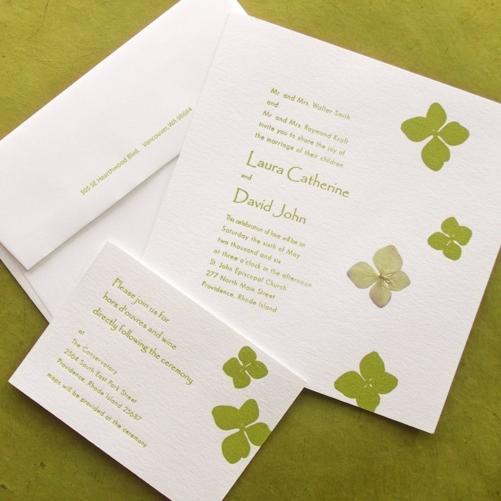 Hydrangea pressed flower - Letterpress Wedding Invitation - grass green on white