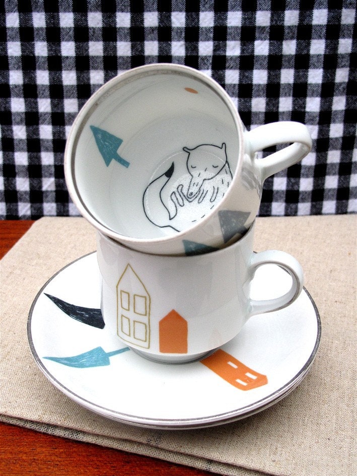 SALE Cup and saucer 'fox hanging around'