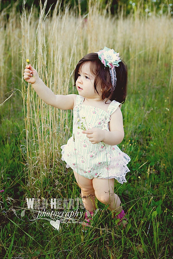 Baby Girl Sunsuit Romper Bubble with Ruffles - Shabby Romance Green