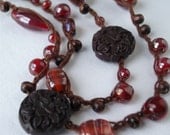 Long Wraparound Necklace/ 5x Bracelet - Carved cinnabar, Wood and Glass Beads on cotton - Made to Order
