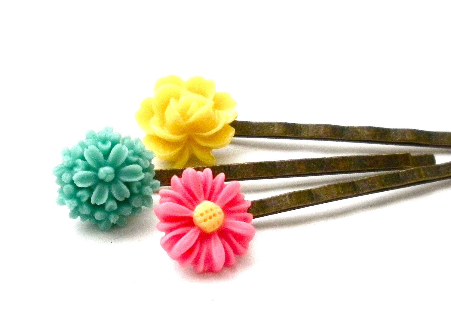 Summer Passion Set of Three Resin Cabochon Flower Bobby Pins