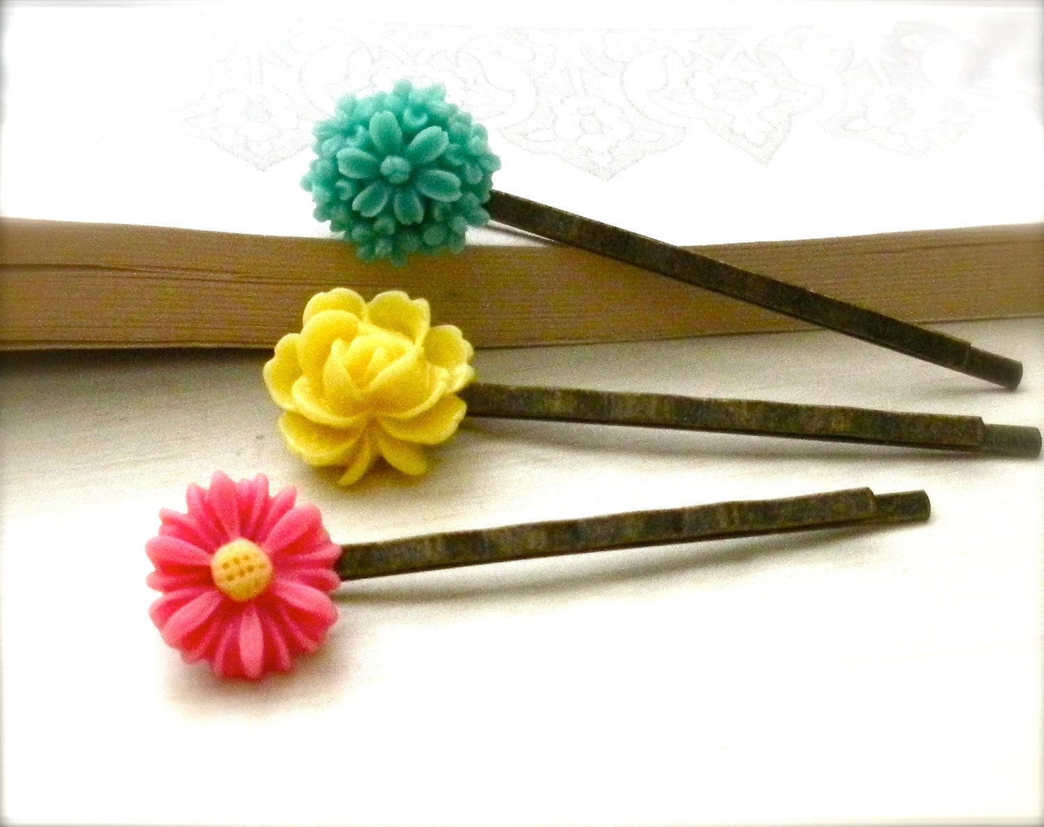 Summer Passion Set of Three Resin Cabochon Flower Bobby Pins