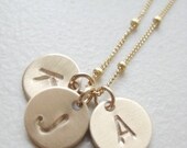 Hand Stamped Initial Gold Charms Necklace - "Pretty Gold Initials" - with 3 discs