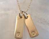 Tiny Gold Charm Necklace Personalized and Hand Stamped - "The Short Bar Initial in Gold with 2 Charms"