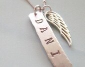 Hand Stamped Wing and Bar Necklace - Personalized "Modern Angel"