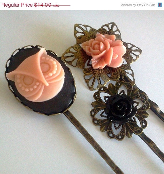 Memorial Day Peach Owl Antique Brass Bobby Pin Set - Formal Chic Roses Regency Wedding EGL EGA Everday