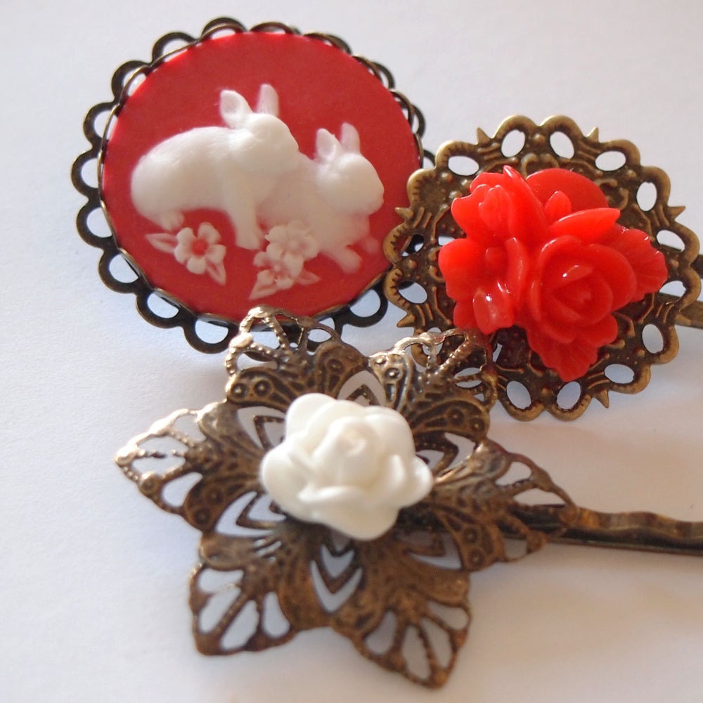 Red Bunny Antique Brass Bobby Pin Set - Spring Rabbit