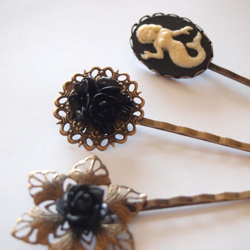 Dark Mermaid Hair Pin Set - Nautical Tattoo inspired Sailor