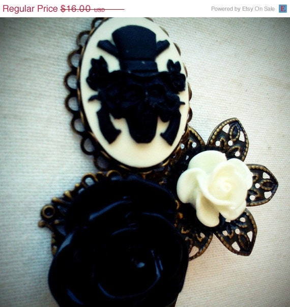 Memorial Day Black White Guns and Roses Baron Samedi Gothic Cameo Floral Filigree Antique Brass Bobby Pin Set Formal Chic Roses Regency EGL