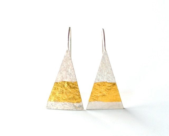 Sterling Triangle Earrings With Fused Gold Banding, Modern Tribal, Fashion Earrings, Wearable Art Jewelry