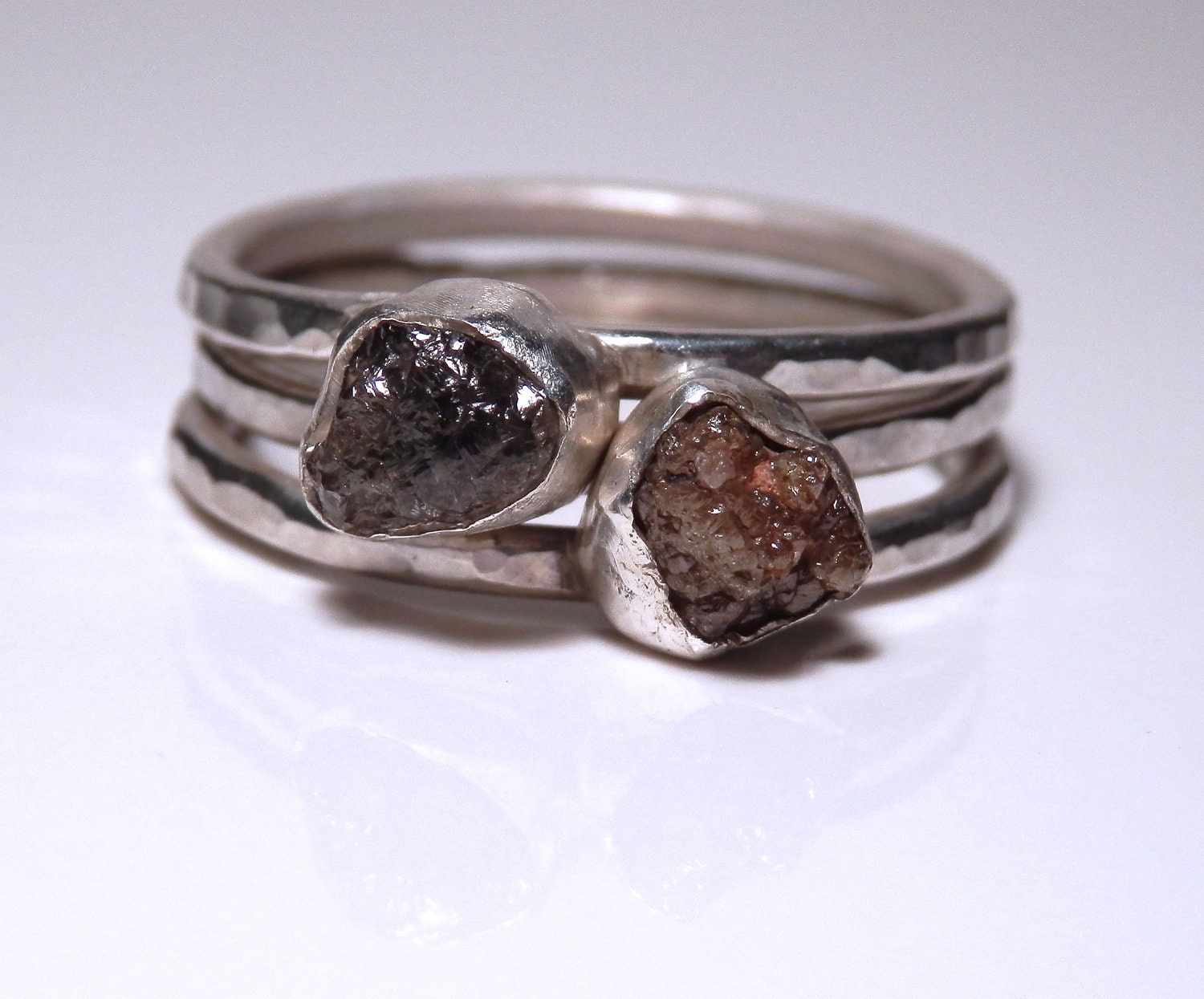 Custom sterling silver and conflict free Canadian rough diamond stacking set