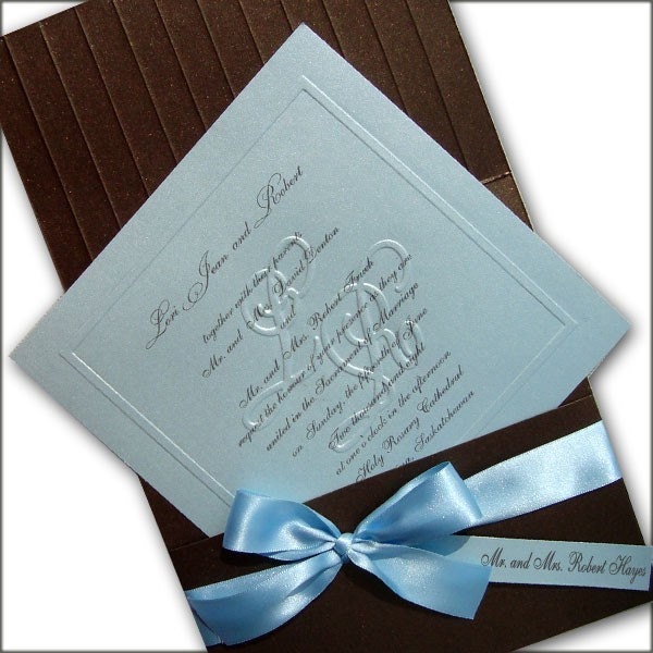 50 Customized Blind Embossed Monogram Wedding Invitations. Fully Addressed, Shimmering Sky Blue and Chocolate Brown.