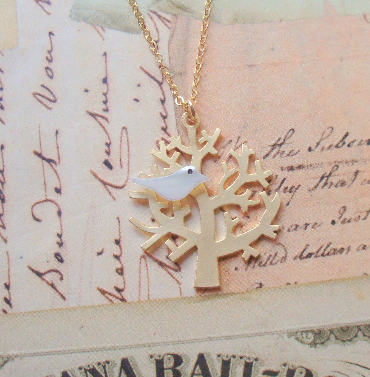 Gold Tree Necklace with Mother of Pearl Dove