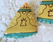 Vintage Handpainted Earrings Large Pierced Triangular Metal Lite Gold Tone Posts, Shipping Included