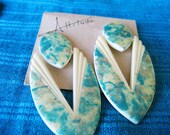 Vintage Clip Long Earrings White Aqua Glitter 70s Plastic Light by Attitude, Shipping Included