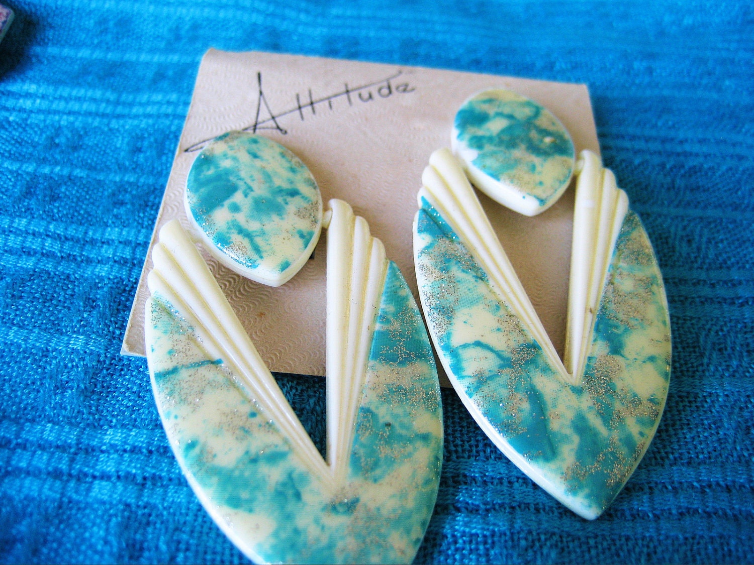 Vintage Clip Long Earrings White Aqua Glitter 70s Plastic Light by Attitude, Shipping Included