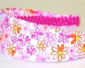 Fabric Covered Headband - Pink and Orange Daisies, 2" Wide Headband for Women or Girls