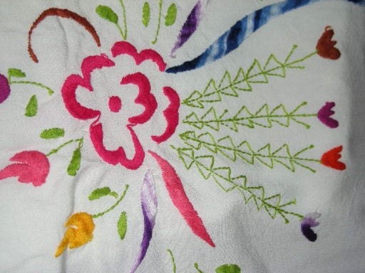 Floral Embroidery Bright Colors Vintage Textile