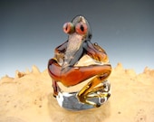 Dichroic Glass Cool FROG on an Ice Cube Paperweight Figurine Amber (made to order)