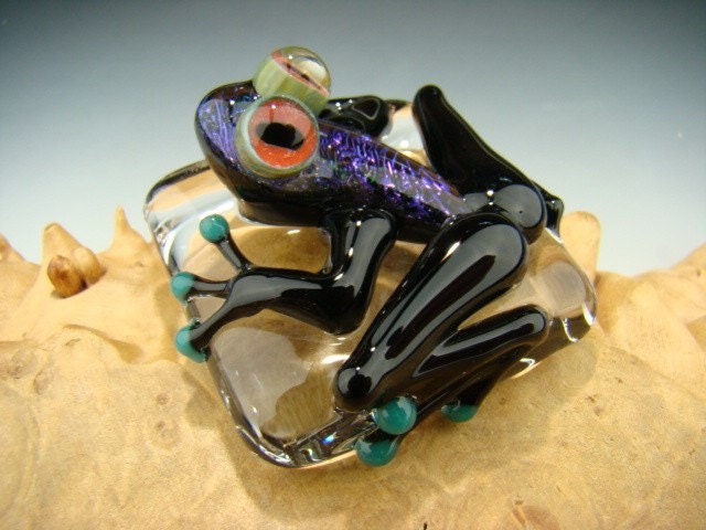 Dichroic Glass Art FROG Paperweight Figurine Tile VGW Purple with Black Legs (made to order)