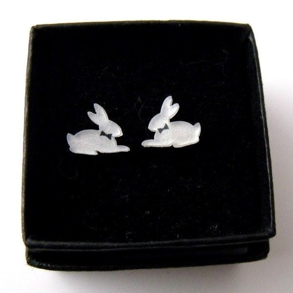 teeny tiny bunny post / stud earrings - white rabbits with bow ties