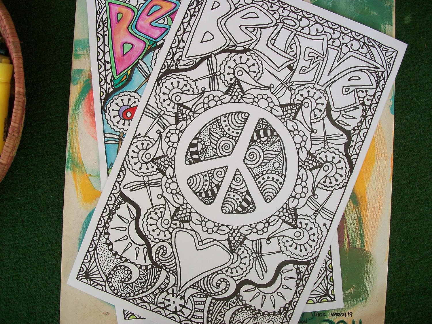 Hippie Coloring Pages, Believe in Peace and Love, Set of 2Posters, Singleton Hippie Art