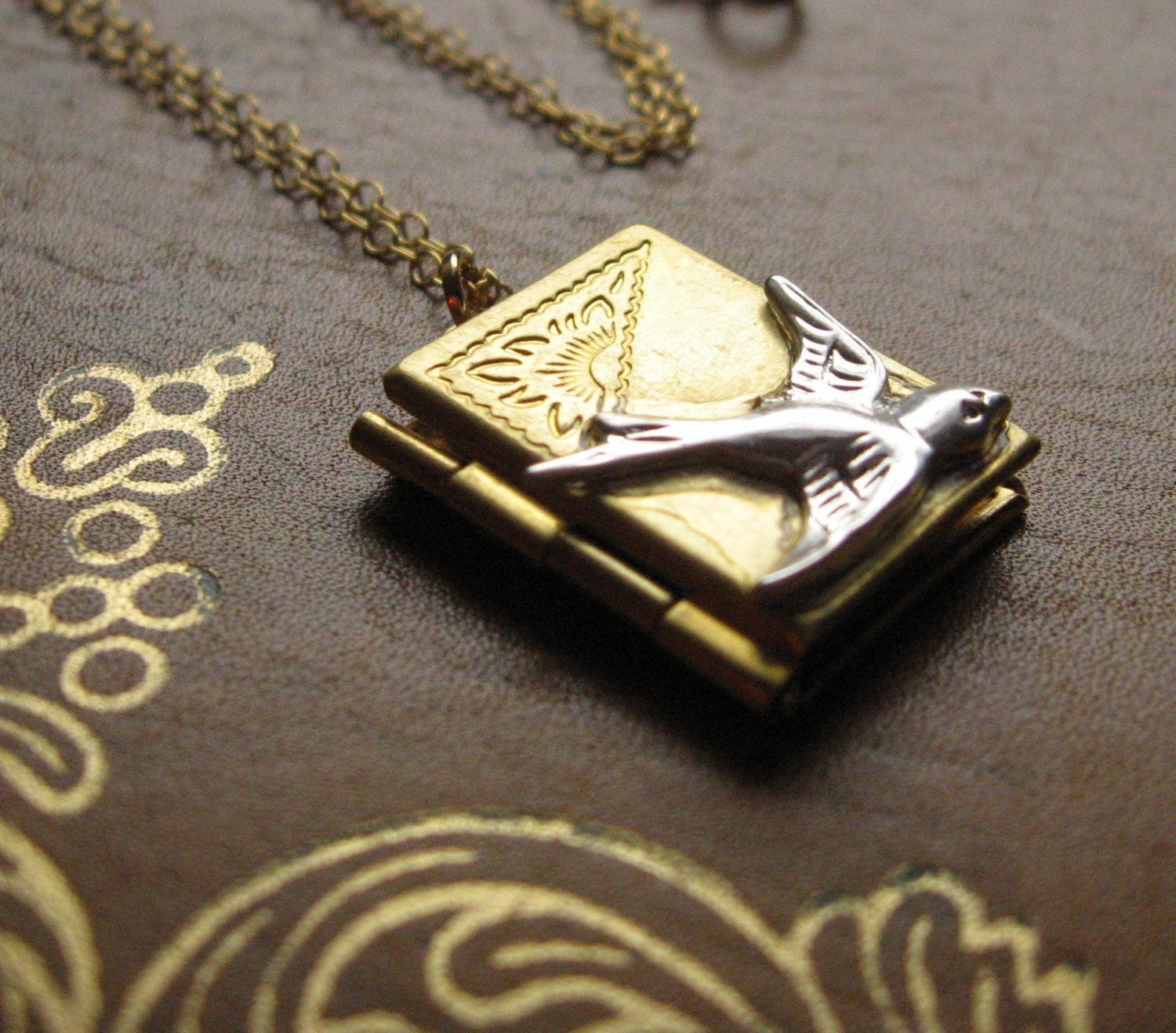 Winged Diary Locket - gold book locket with silver swallow charm, 14k gold filled chain, 14k gold clasp