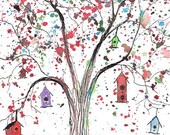 Tree Houses, 4 x 6 PRINT of watercolor and ink illustration, signed