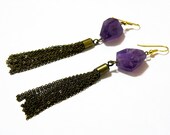 Big Summer Sale- Faceted Amethyst and Antique Gold Tassel Earrings
