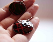 Stencil  earrings, Red and black enamels, Sterling silver and copper, Disc earrings