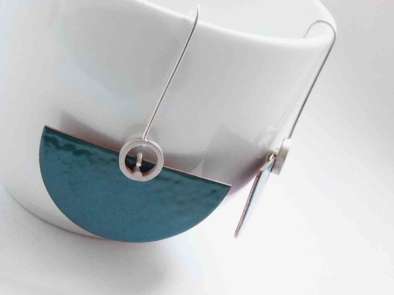 Sterling silver and copper with turquoise enamel, semicircle, dangle, elegant modern look and comfortable, art deco style."Deco II earrings"