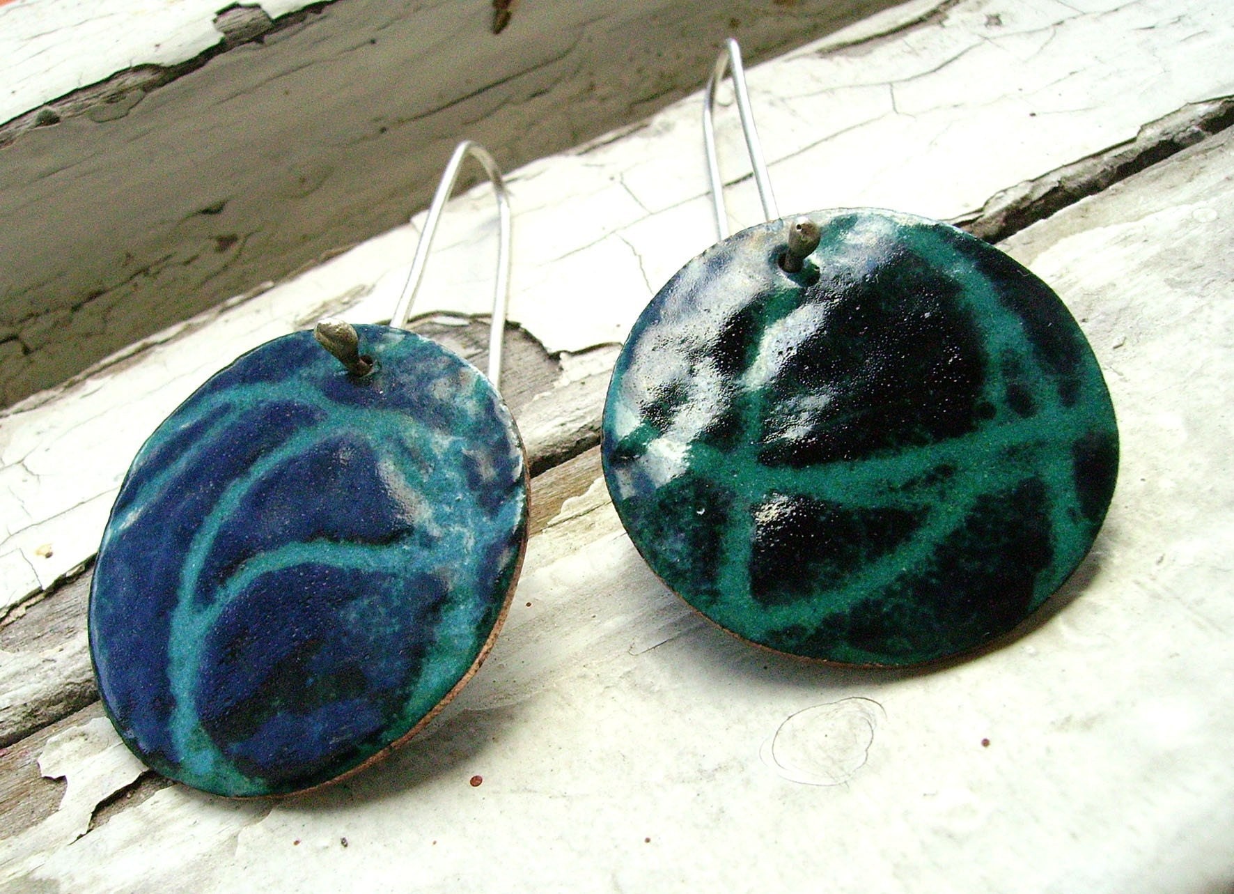 Stencil  earrings - Turquoise and black enamels- Sterling silver and copper