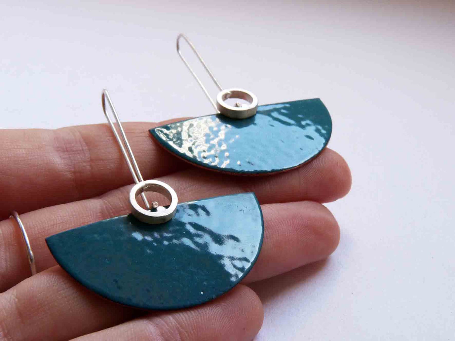 Sterling silver and copper with turquoise enamel, semicircle, dangle, elegant modern look and comfortable, art deco style."Deco II earrings"