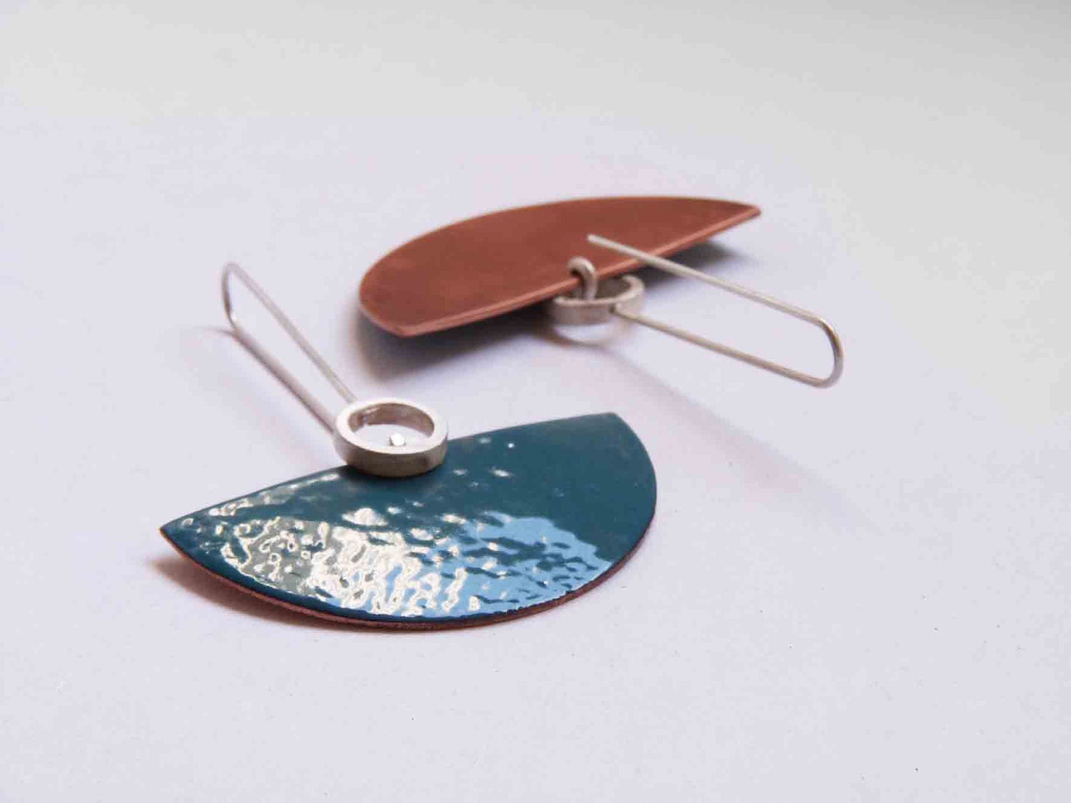 Sterling silver and copper with turquoise enamel, semicircle, dangle, elegant modern look and comfortable, art deco style."Deco II earrings"