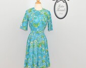 Vintage 1940s Dress / Teal Blue Floral Pleated Dress / Small