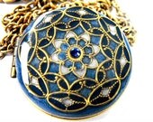 Sapphire, Shimmering Blue, Pearl, Filigree Locket Necklace..Brass, Metal, Vintage