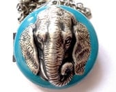 Turquoise Elephant Locket, Silver Necklace
