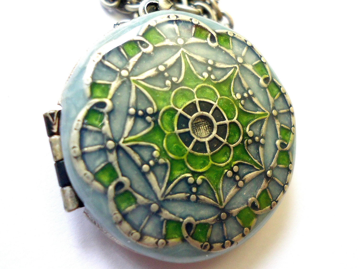 Teal Blue, Olivine, Filigree Locket,Vintage,Metal,Handmade by RotsinaCreations