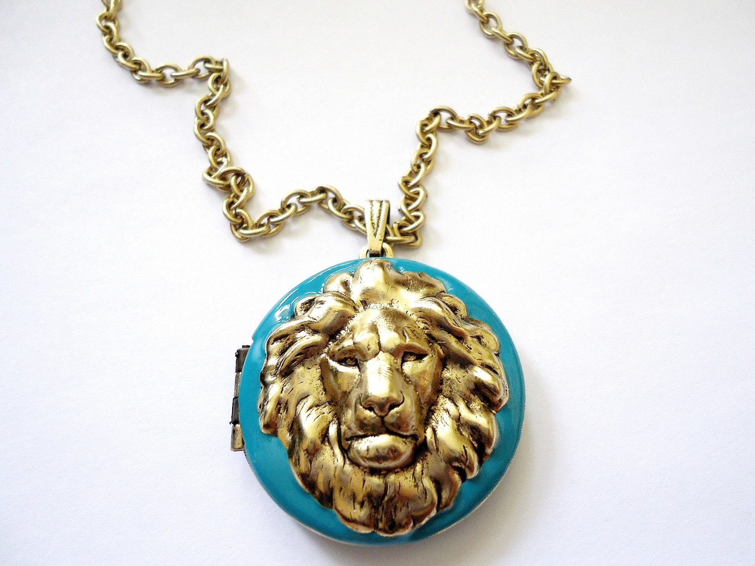 Turquoise Lion Necklace, Metal, Brass, Handmade by RotsinaCreations