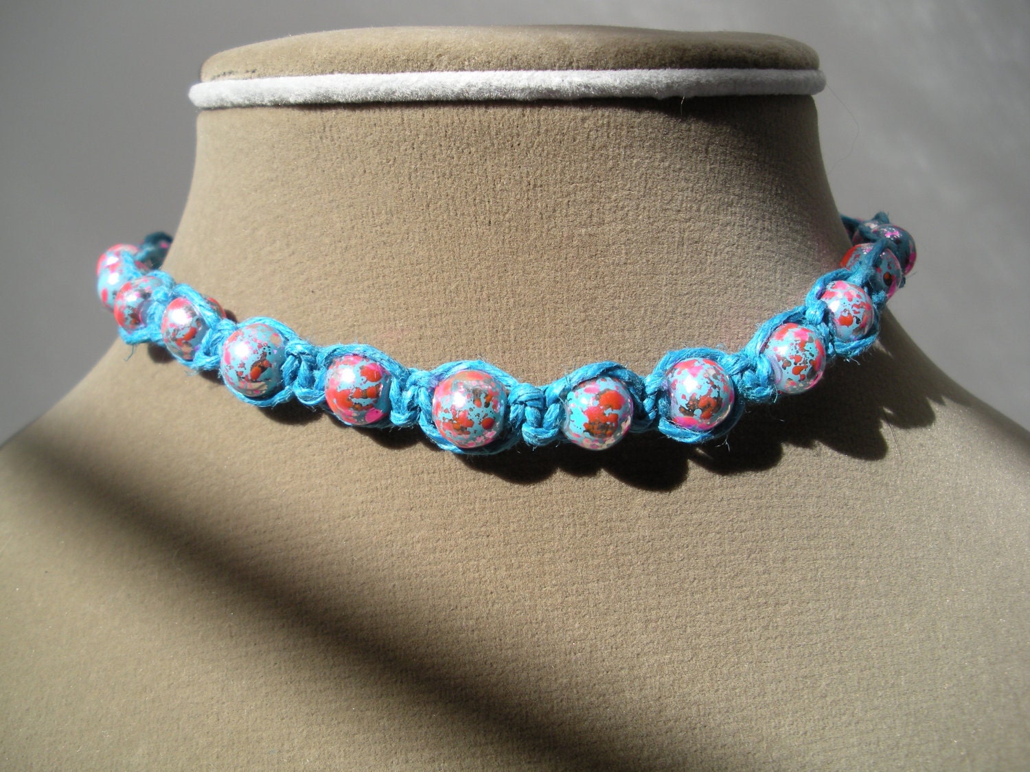 Blue Hemp Choker with Aqua Glass Beads