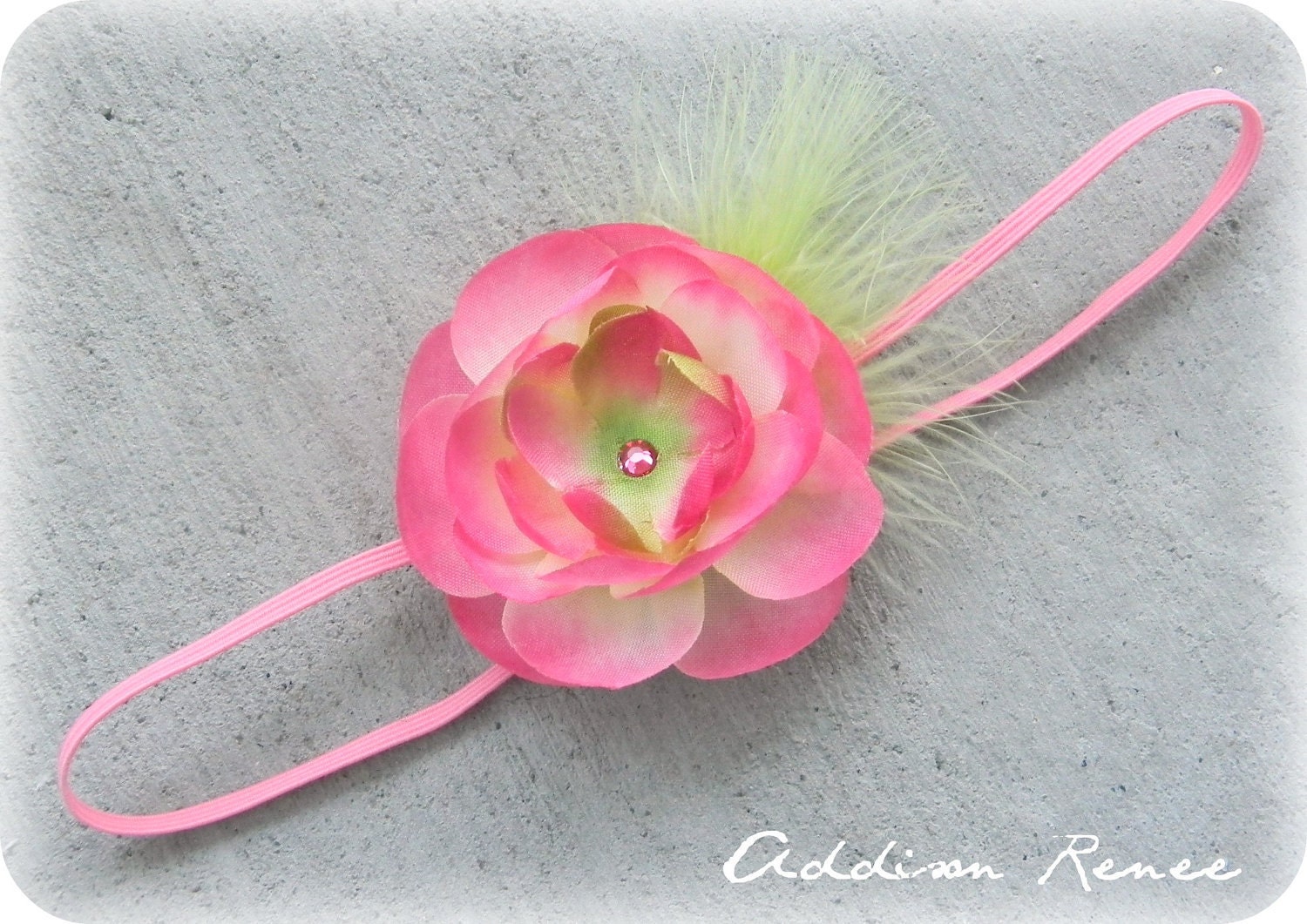 Baby Headband - Baby Flower Headband - Infant Headband - Toddler Headband - Hot Pink Flower thin elastic with lime feather
