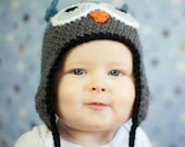Crocheted Owl Hat Blue Grey - Baby, Toddler, Child or Preteen Size - Adult Size Must Add On